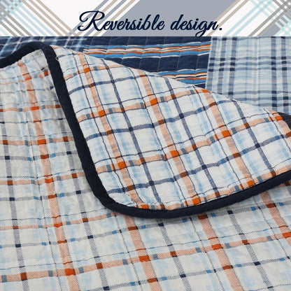 Cozy Line Navy Orange Stripe Reversible Cotton Quilt Bedding Set