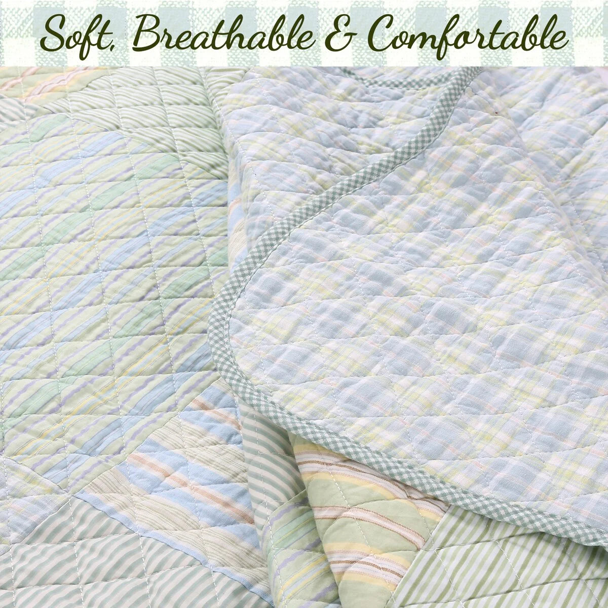 Cozy Line Square Patchwork Plaid Stripes Blue Green Cotton 3-Piece Reversible Quilt Bedding Set