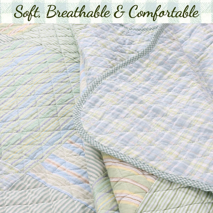 Cozy Line Square Patchwork Plaid Stripes Blue Green Cotton 3-Piece Reversible Quilt Bedding Set