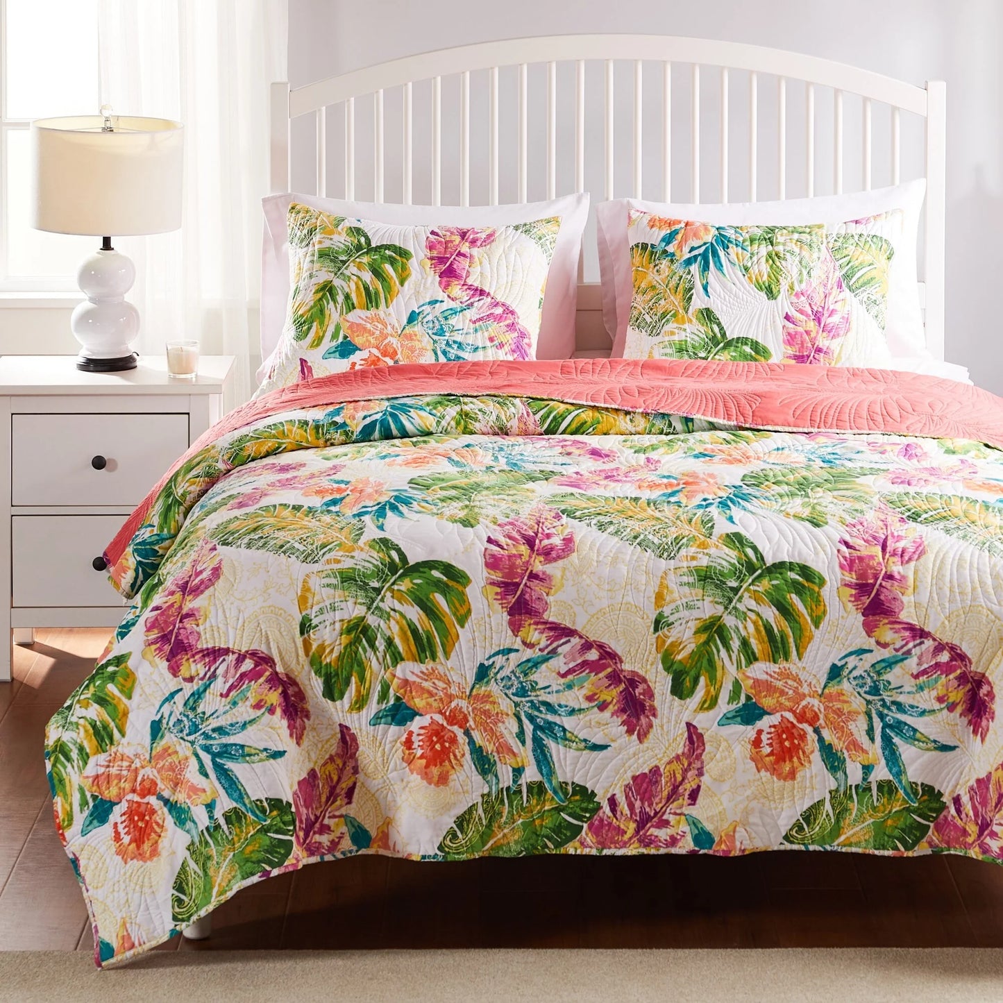 Greenland Home Fashions Tropics Finely Stitched Palm Leaf Reversible Quilt Set