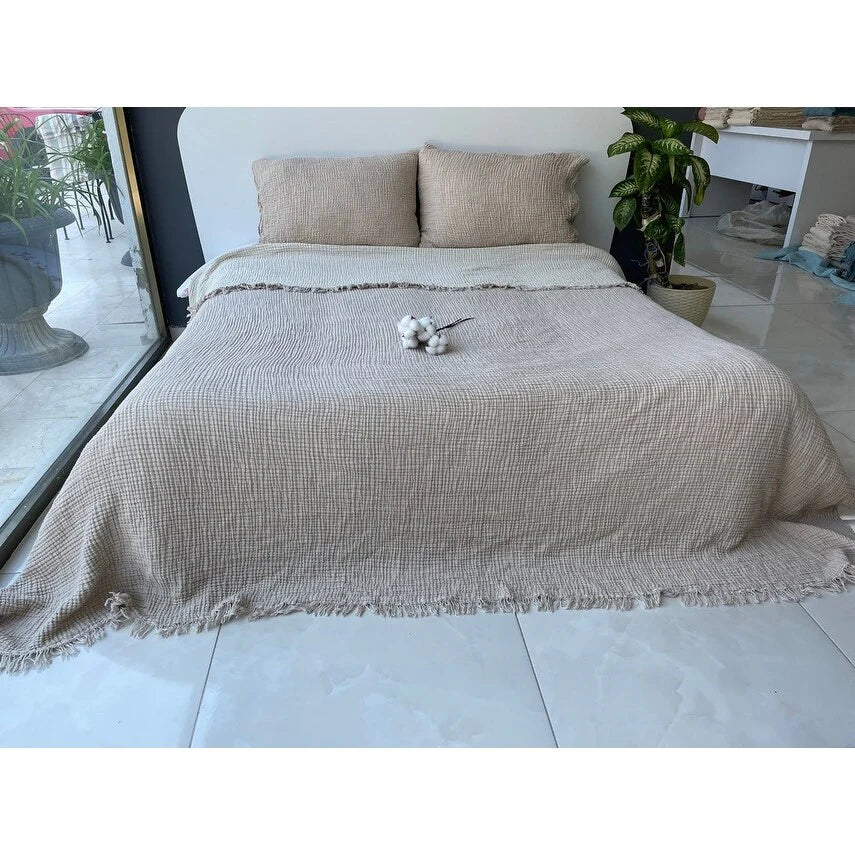 Muslin Blanket 4 Layers, Soft Bedspread, Turkish Cotton Muslin Bed Cover, Reversible Coverlet