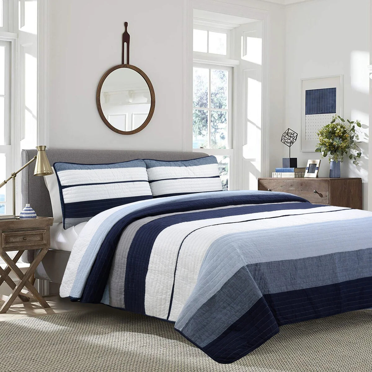 Cozy Line Tranquil Blue Gray Stripes Cotton Quilt Bedding Set