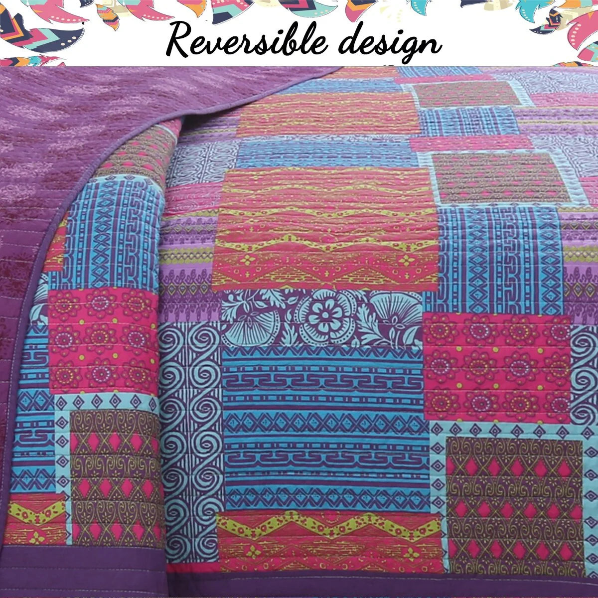 Cozy Line Aldiana 3-Piece Purple Patchwork Reversible Cotton Quilt Bedding Set