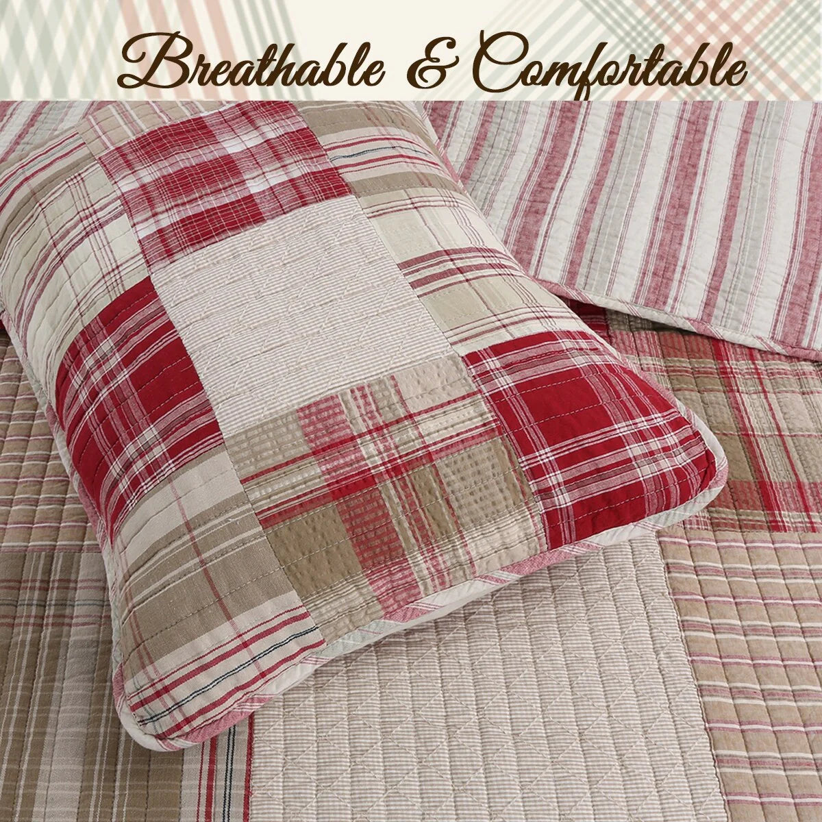 Cozy Line Alivia Red Plaid Real Patchwork Cotton Reversible Quilt Bedding Set