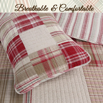 Cozy Line Alivia Red Plaid Real Patchwork Cotton Reversible Quilt Bedding Set