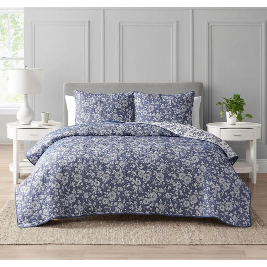 CEDAR COURT Marguerite Floral Navy Soft Matelasse Jacquard Quilt Set