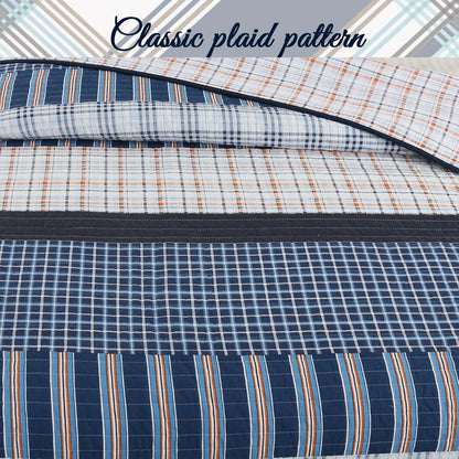 Cozy Line Navy Orange Stripe Reversible Cotton Quilt Bedding Set