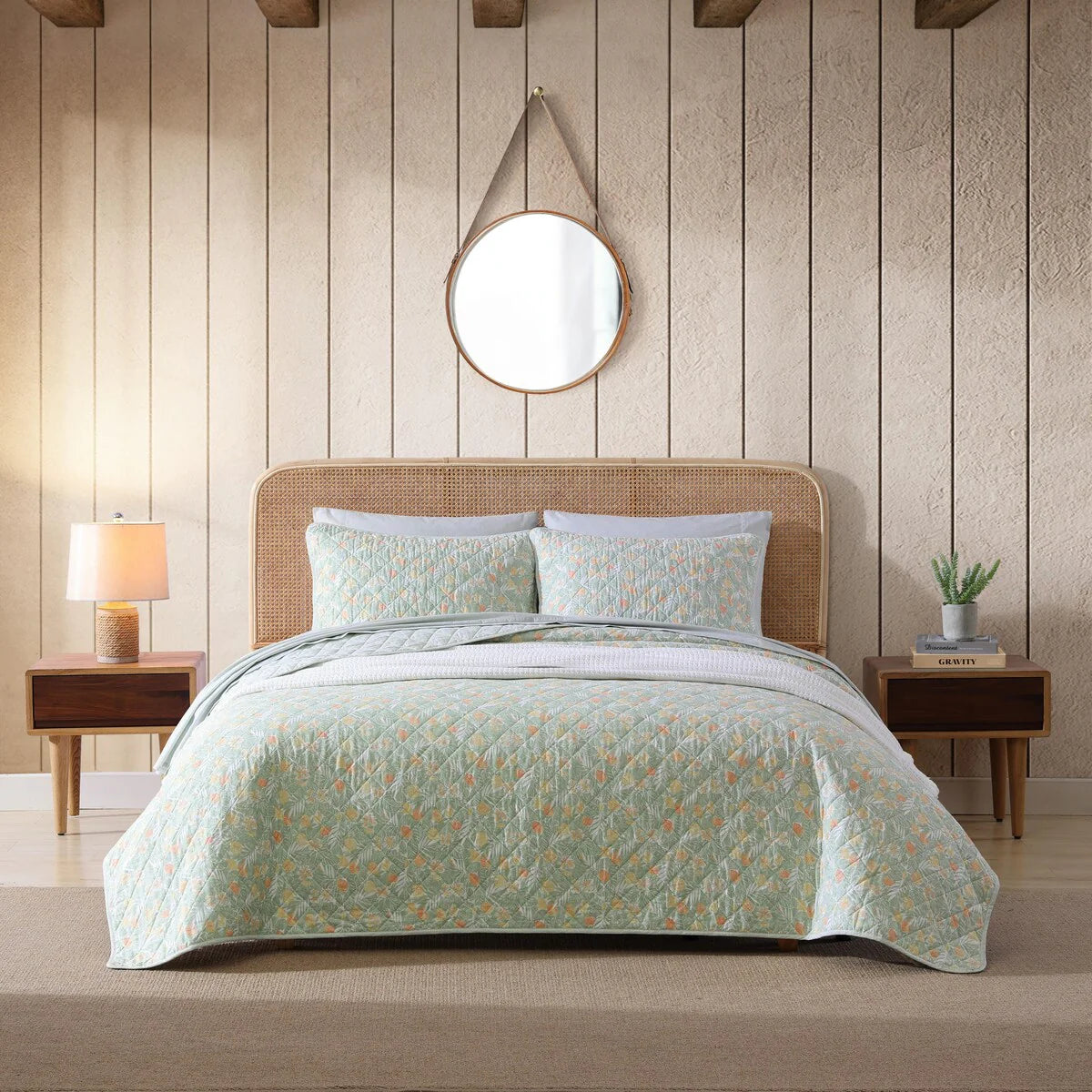 Tommy Bahama Pineapple Bloom Cotton Reversible Green Quilt Set