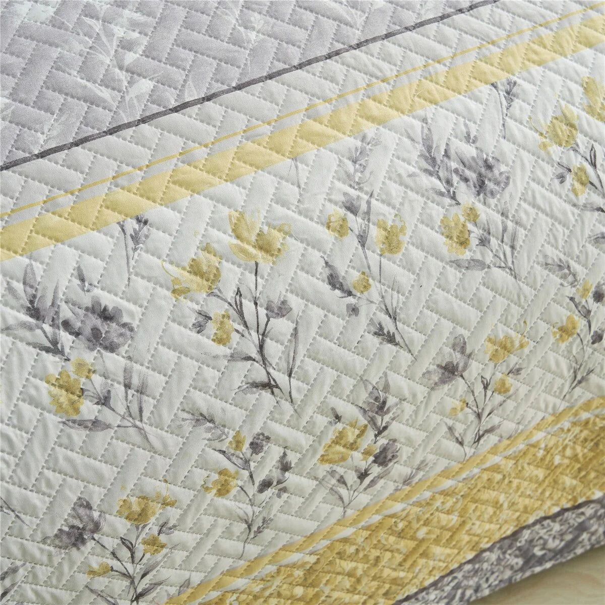 3 Piece Gray Yellow Stripe Quilt Set Floral Reversible Bedspread
