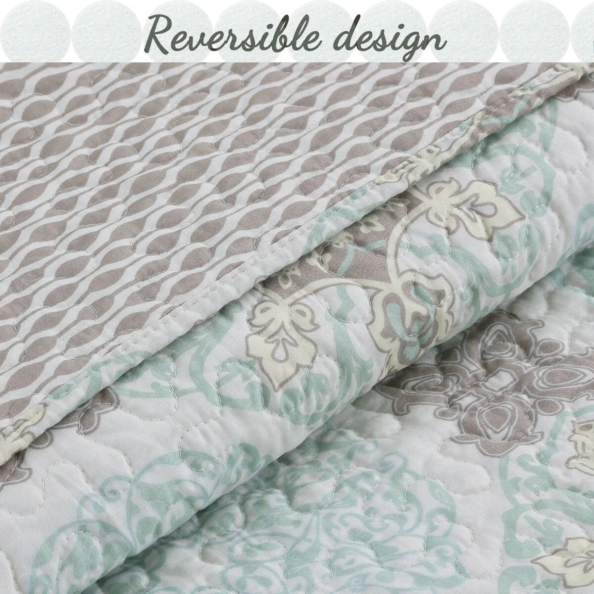 Cozy Line Light Green Aqua Damask Reversible Bedding Quilt Set