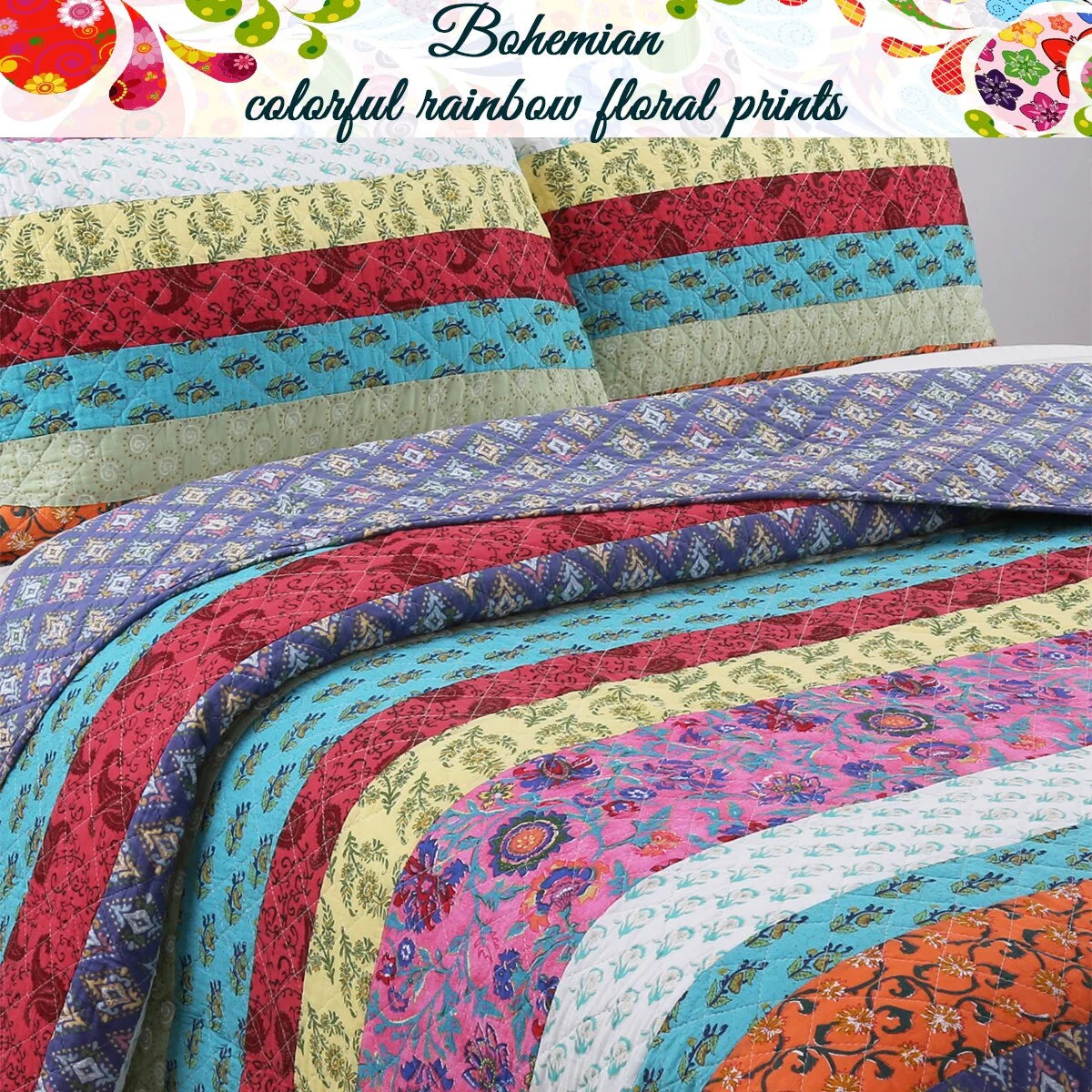 Cozy Line Kozlowski 3-Piece Rainbow Stripe Reversible Cotton Quilt Bedding Set