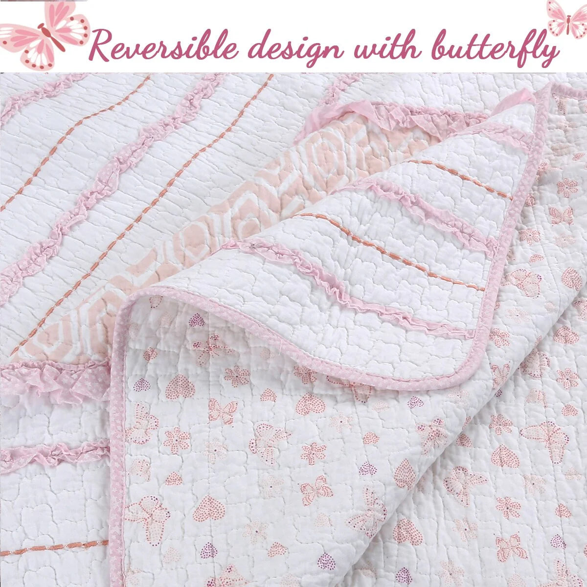 Cozy Line Pretty in Pink Girly Ruffle Pink Cotton Quilt Bedding Set with 2 Throw Pillows