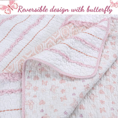 Cozy Line Pretty in Pink Girly Ruffle Pink Cotton Quilt Bedding Set with 2 Throw Pillows
