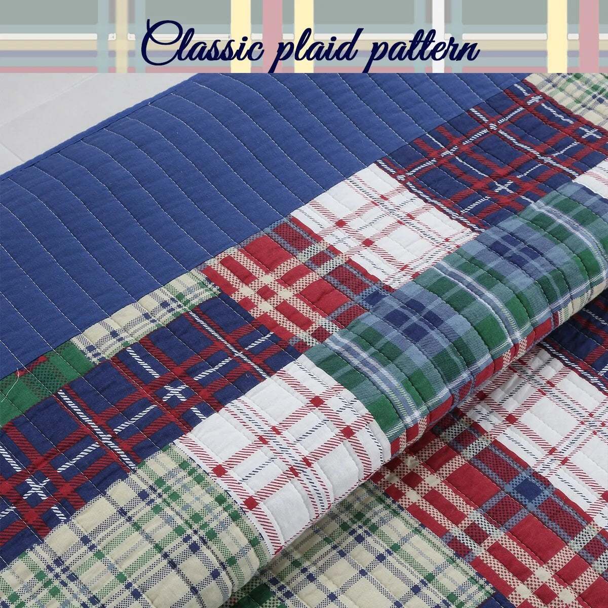 Cozy Line Nate Patchwork Reversible Cotton Quilt Bedding Set - Navy/Red/Green/White