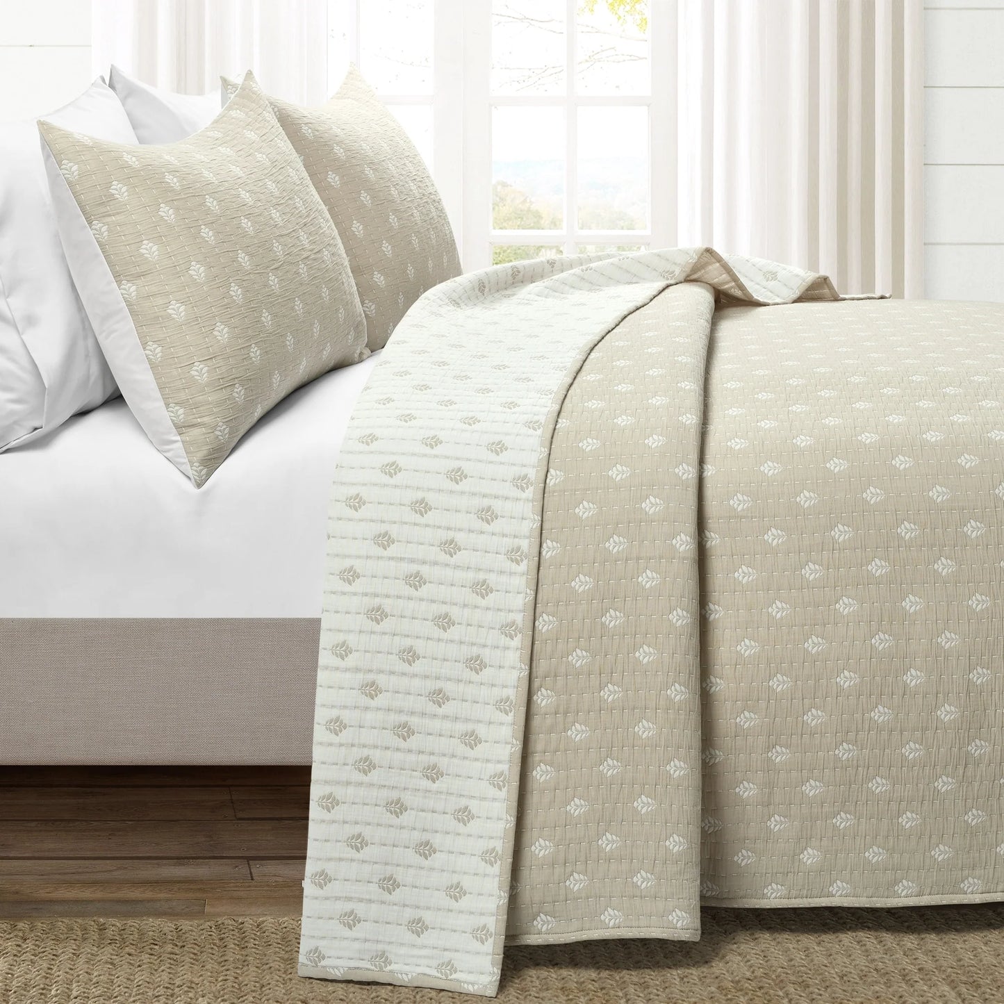 Lush Decor Hygge Kantha Pick Stitch Yarn Dyed Cotton Jacquard 3 Piece Quilt/Coverlet Set