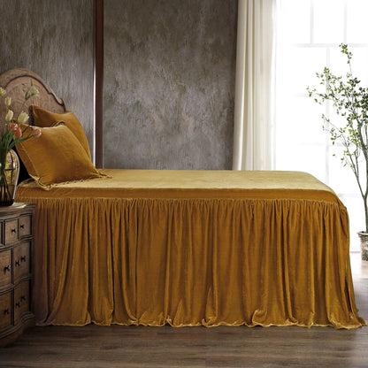 HiEnd Accents Stella Faux Silk Velvet Ruffle Skirt 3 Piece Bedspread Set with Pillow Shams