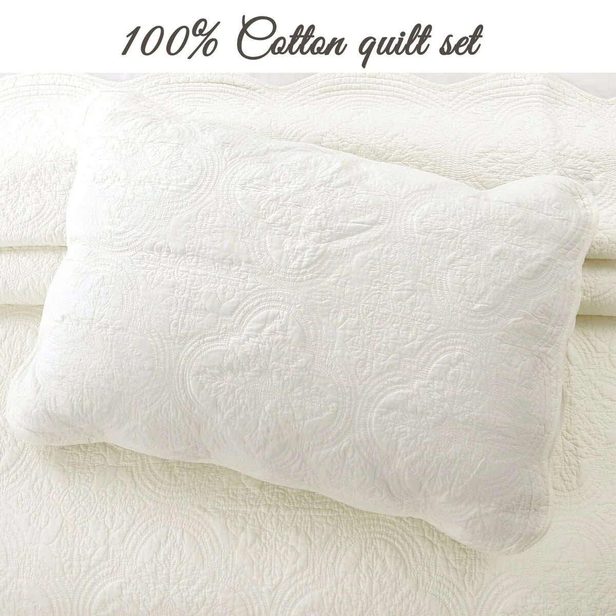 Blantyre Scalloped Edge White Cotton 3-piece Oversized Quilt Bedding Set