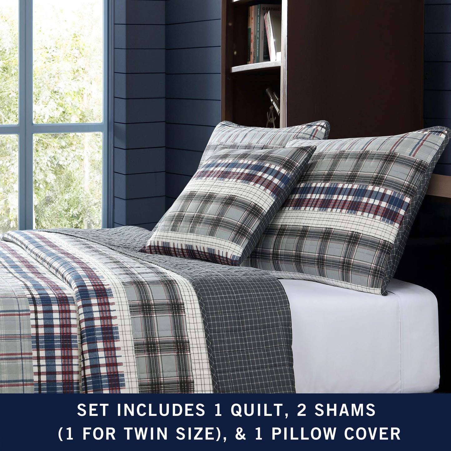 Nautica Marina Cove Grey Cotton Reversible Quilt Bonus Set