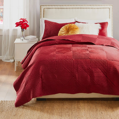 Riviera Velvet Finely Stitched Modern Quilt and Pillow Sham Set