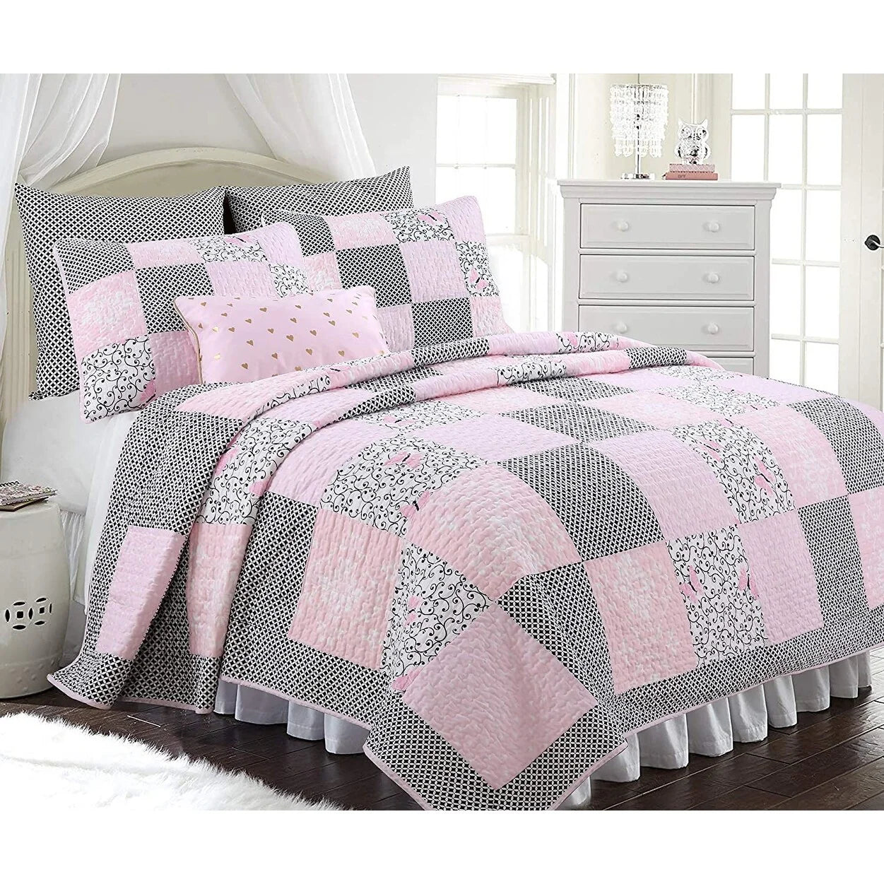 Cozy Line Emerson Pink Butterfly Patchwork Reversible Cotton Quilt Bedding Set