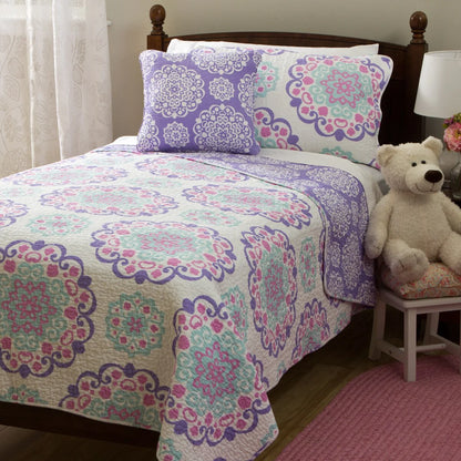 Vivian Lilac Medallion Cotton Reversible Quilt Set with Throw Pillow