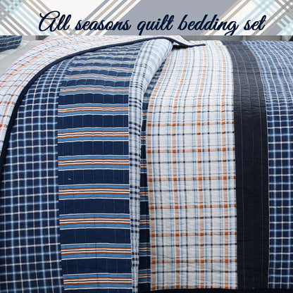 Cozy Line Navy Orange Stripe Reversible Cotton Quilt Bedding Set