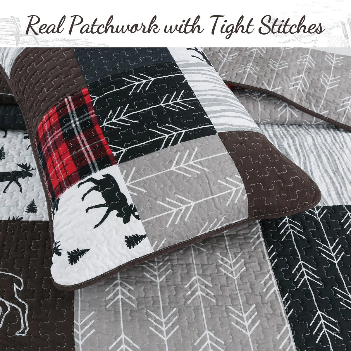 Rustic Lodge Moose Red Real Patchwork Reversible Quilt Bedding Set