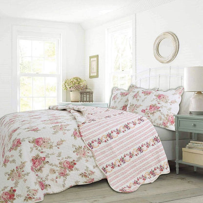 Cozy Line Pink Floral Patricia Reversible Floral 3 Piece Cotton Quilt Bedding Set