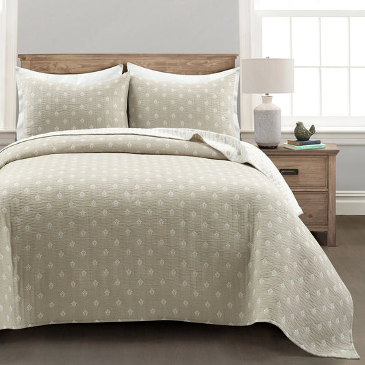 Lush Decor Hygge Kantha Pick Stitch Yarn Dyed Cotton Jacquard 3 Piece Quilt/Coverlet Set
