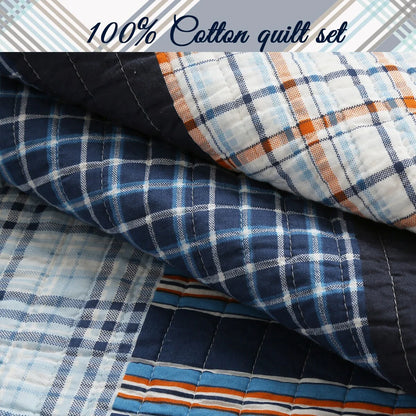 Cozy Line Navy Orange Stripe Reversible Cotton Quilt Bedding Set