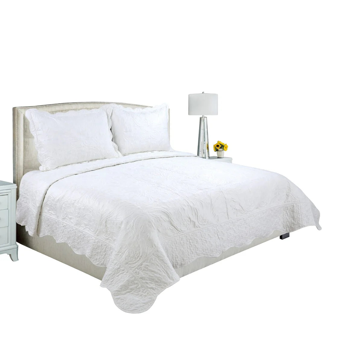 Marina Decoration Embroidered Stitching Coverlet Bedspread Ultra Soft Solid Summer Quilt Set, Floral Paisley