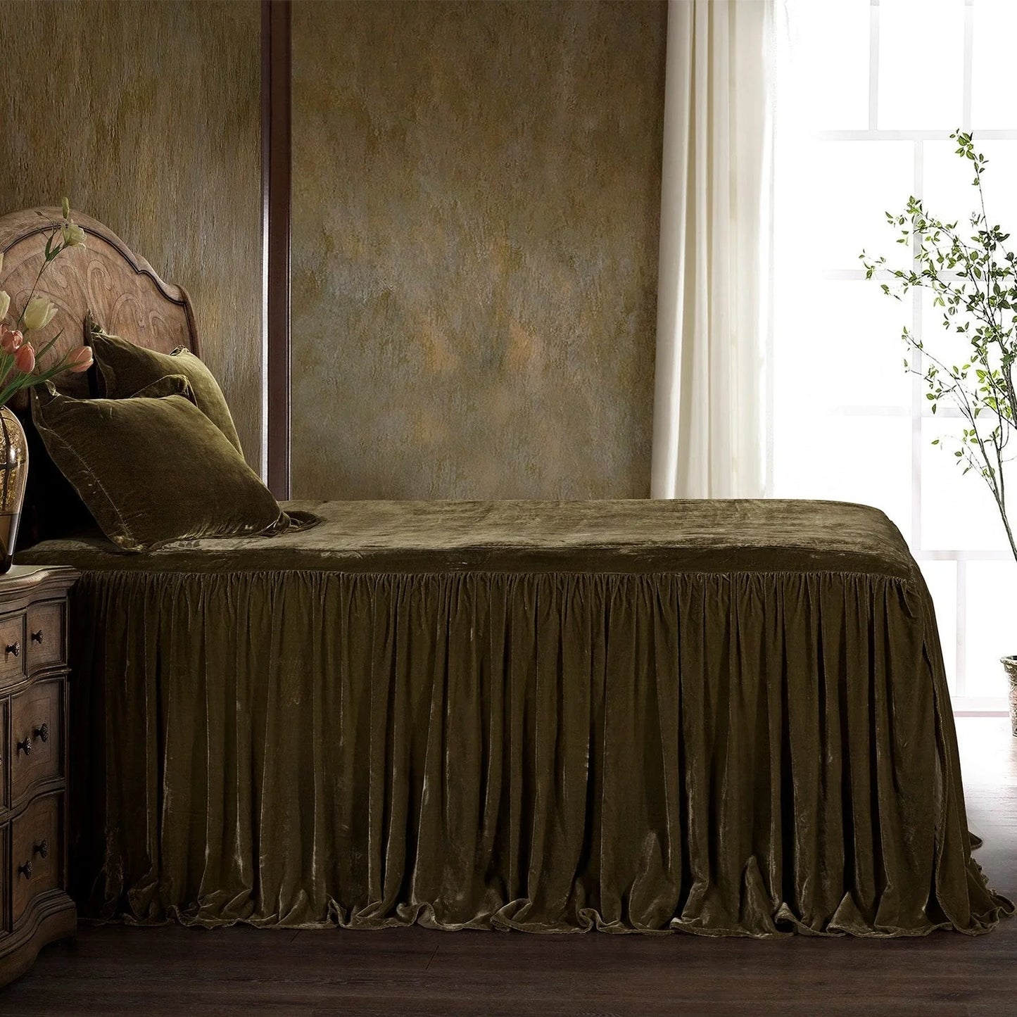 HiEnd Accents Stella Faux Silk Velvet Ruffle Skirt 3 Piece Bedspread Set with Pillow Shams