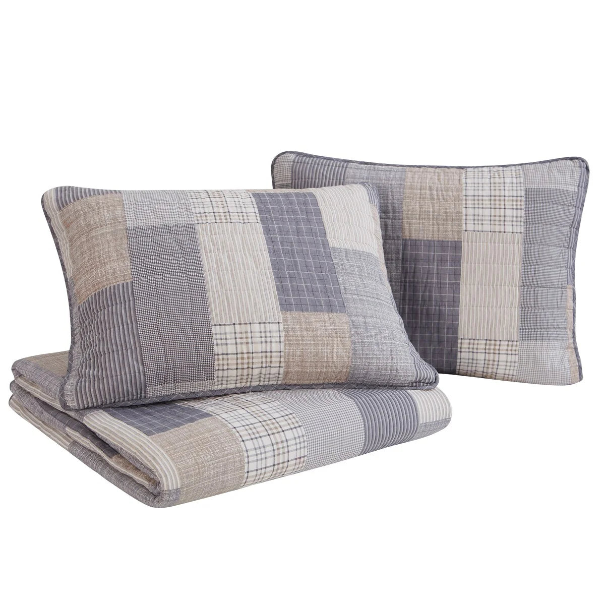 DESIGN STUDIO Lakeshore Plaid Grey Soft Cotton Reversible Quilt Set