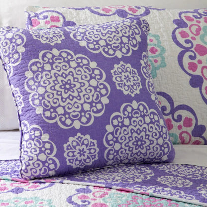 Vivian Lilac Medallion Cotton Reversible Quilt Set with Throw Pillow