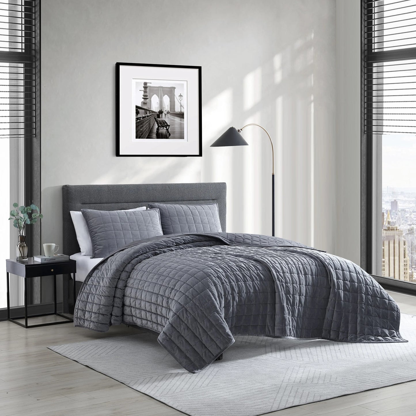 Kenneth Cole Solid Velvet Charcoal Reversible Quilt Set