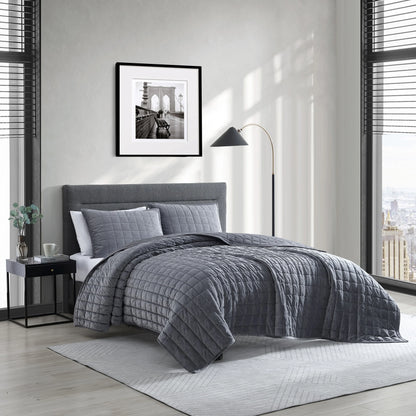 Kenneth Cole Solid Velvet Charcoal Reversible Quilt Set