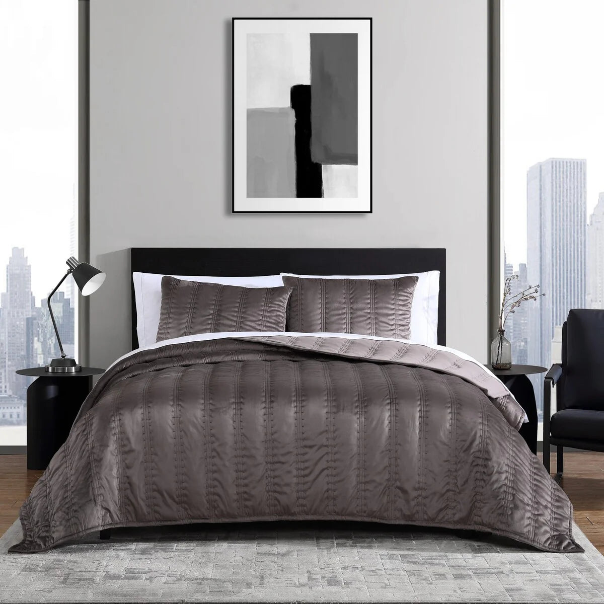 Vera Wang Velvet Linear Stitch Solid Quilt Set