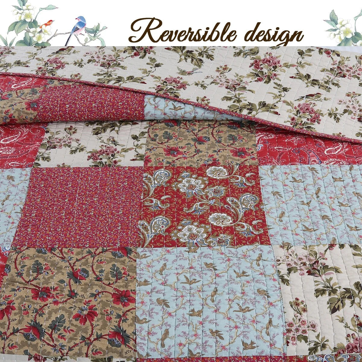 Cozy Line Rosemond 3-piece Reversible Floral Patchwork Quilt Bedding Set