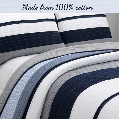 Cozy Line Tranquil Blue Gray Stripes Cotton Quilt Bedding Set