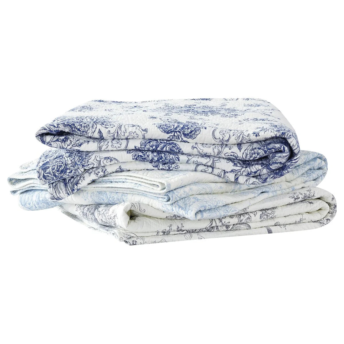 Toile and Bamboo Stripes Reversible Cotton Quilt Set