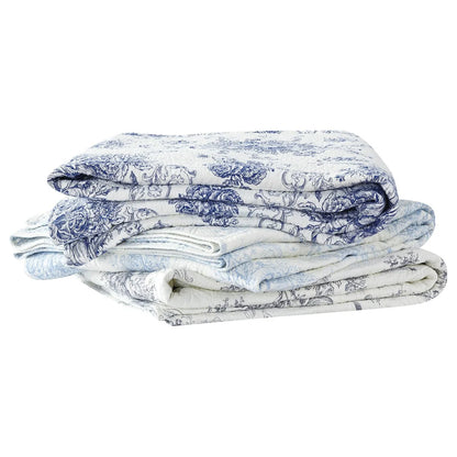 Toile and Bamboo Stripes Reversible Cotton Quilt Set