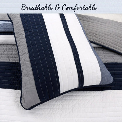 Cozy Line Tranquil Blue Gray Stripes Cotton Quilt Bedding Set
