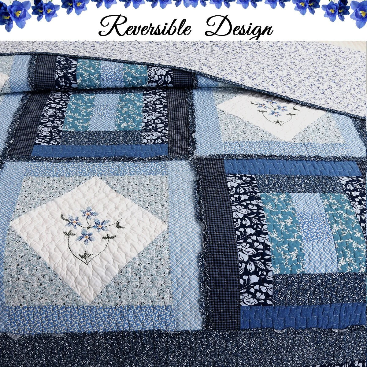 Cozy Line Freesia Blue Patchwork 3-piece Reversible Cotton Quilt Bedding Set