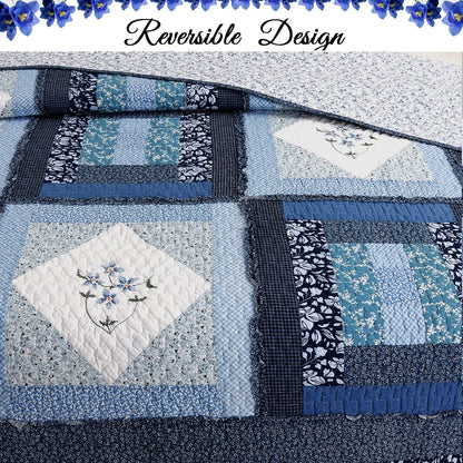Cozy Line Freesia Blue Patchwork 3-piece Reversible Cotton Quilt Bedding Set