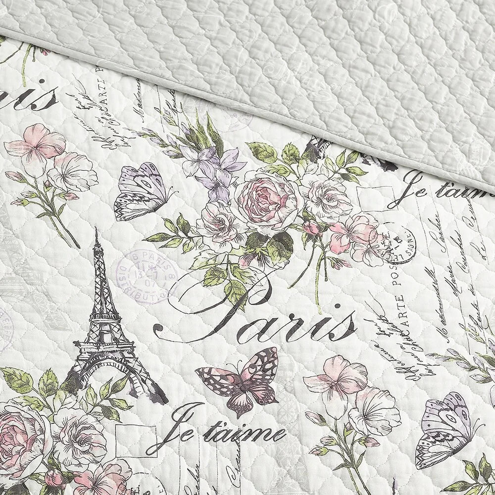 Paris Floral Pink Cotton 3-Piece Reversible Quilt Set