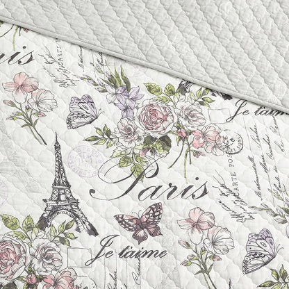 Paris Floral Pink Cotton 3-Piece Reversible Quilt Set