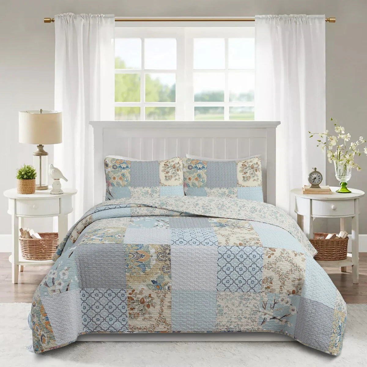 Cozy Line Sky Blue Floral Patens Ogee Patchwork Cotton Quilt Bedding Set