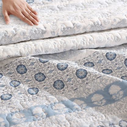 Stone Cottage Bexley Block Print Cotton Blue 4 Piece Quilt Bonus Set