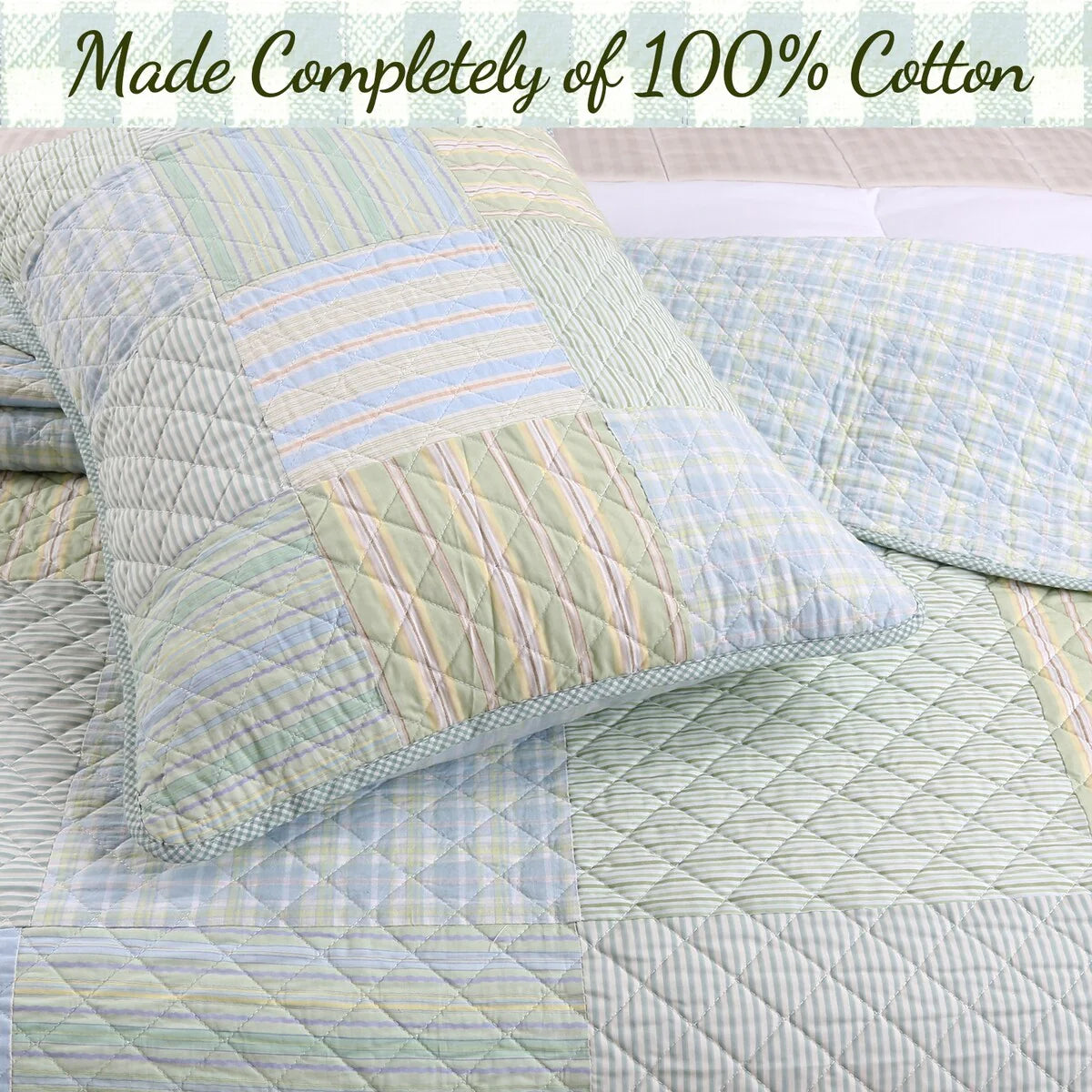 Cozy Line Square Patchwork Plaid Stripes Blue Green Cotton 3-Piece Reversible Quilt Bedding Set