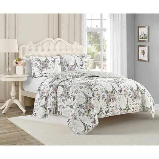 Paris Floral Pink Cotton 3-Piece Reversible Quilt Set